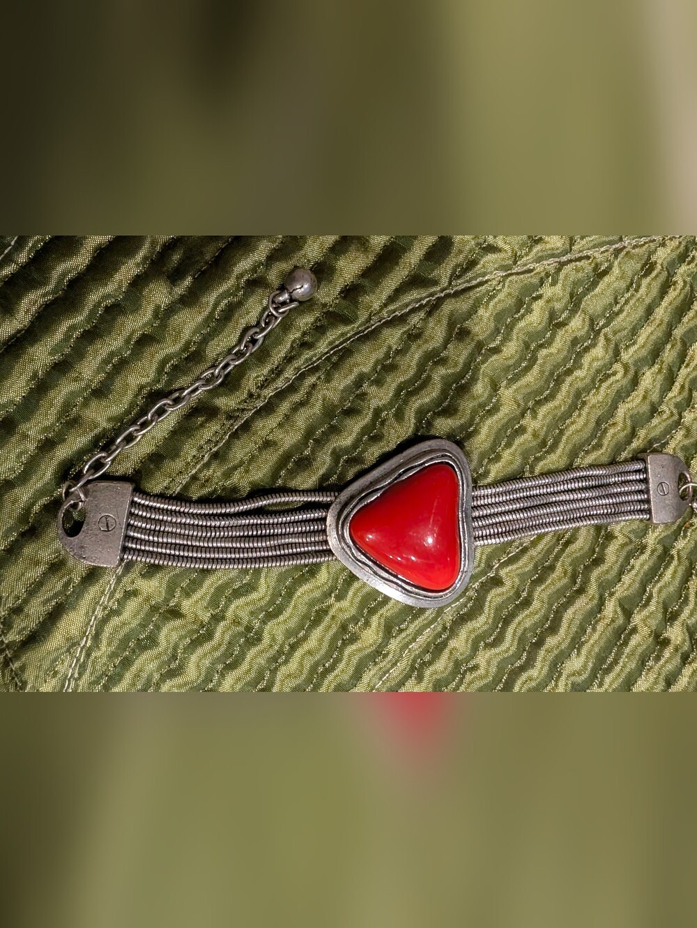 Red Boho Statement Bracelet - Faux Coral Triangular Stone on Silver 5-Chain